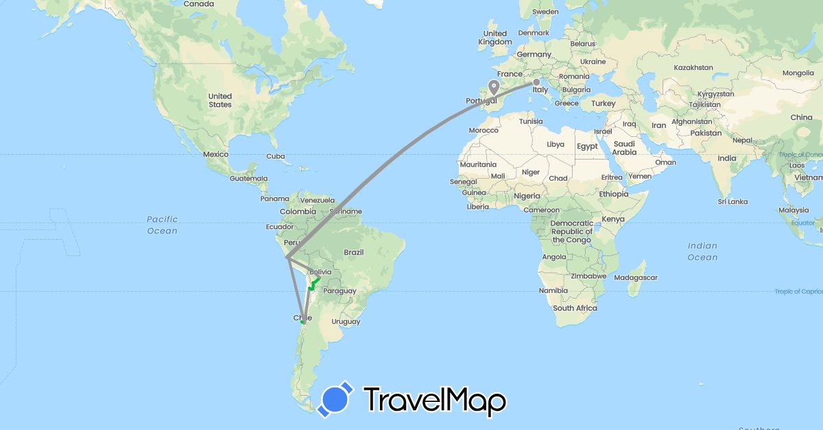 TravelMap itinerary: driving, bus, plane, boat, hitchhiking in Bolivia, Chile, Spain, Italy, Peru (Europe, South America)